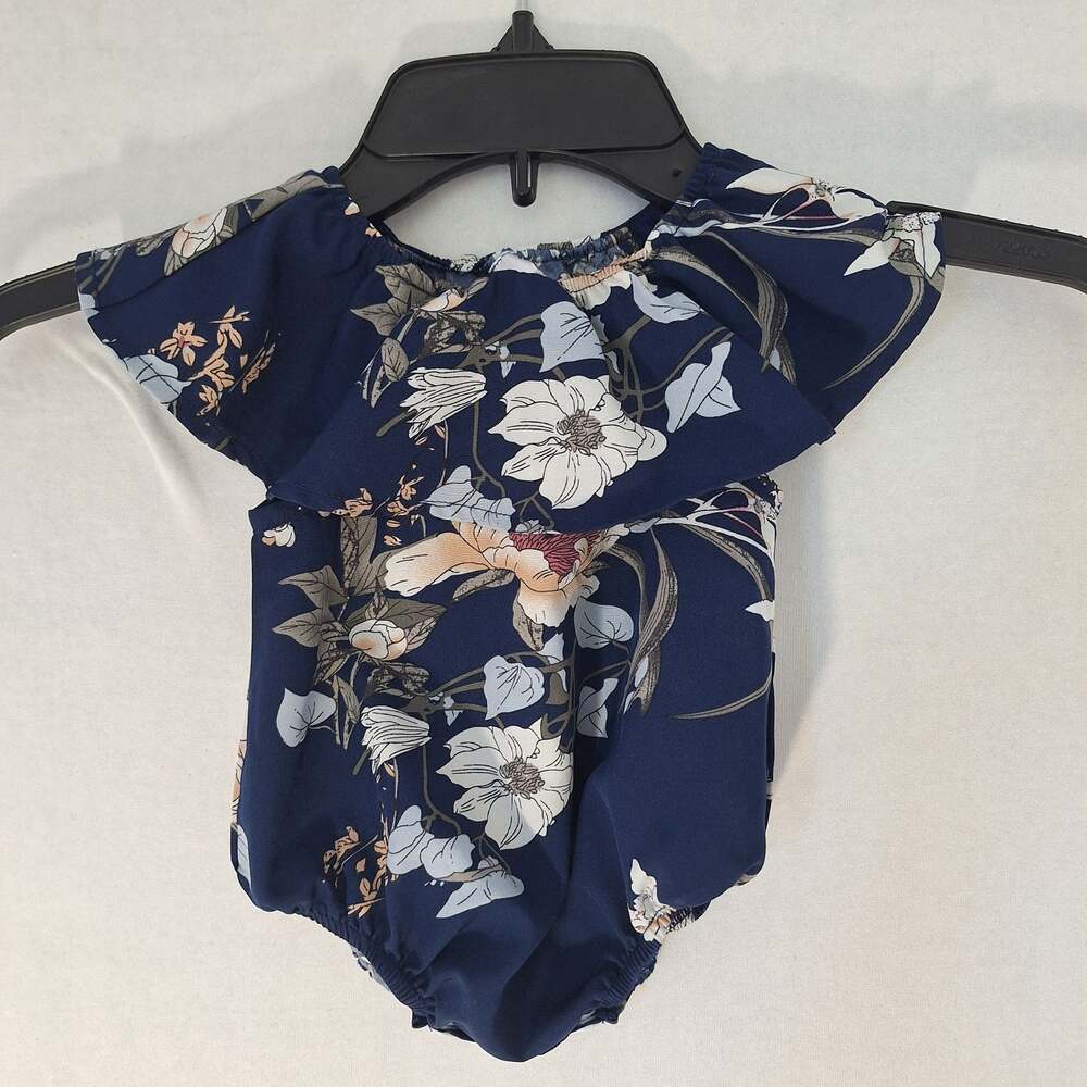 Floral/Navy Bubble Romper With Ruffle Collar Snap Opening 0-3 Months Cute!